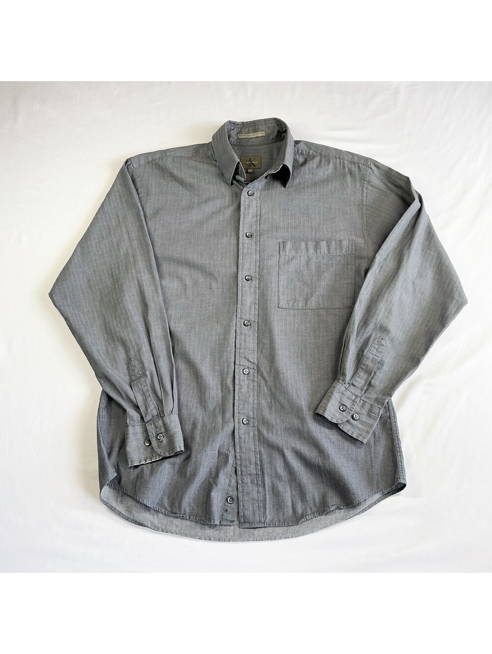 Calvin Klein Gray Herringbone Dress Shirt Button Down Long Sleeve 14.5 32-33